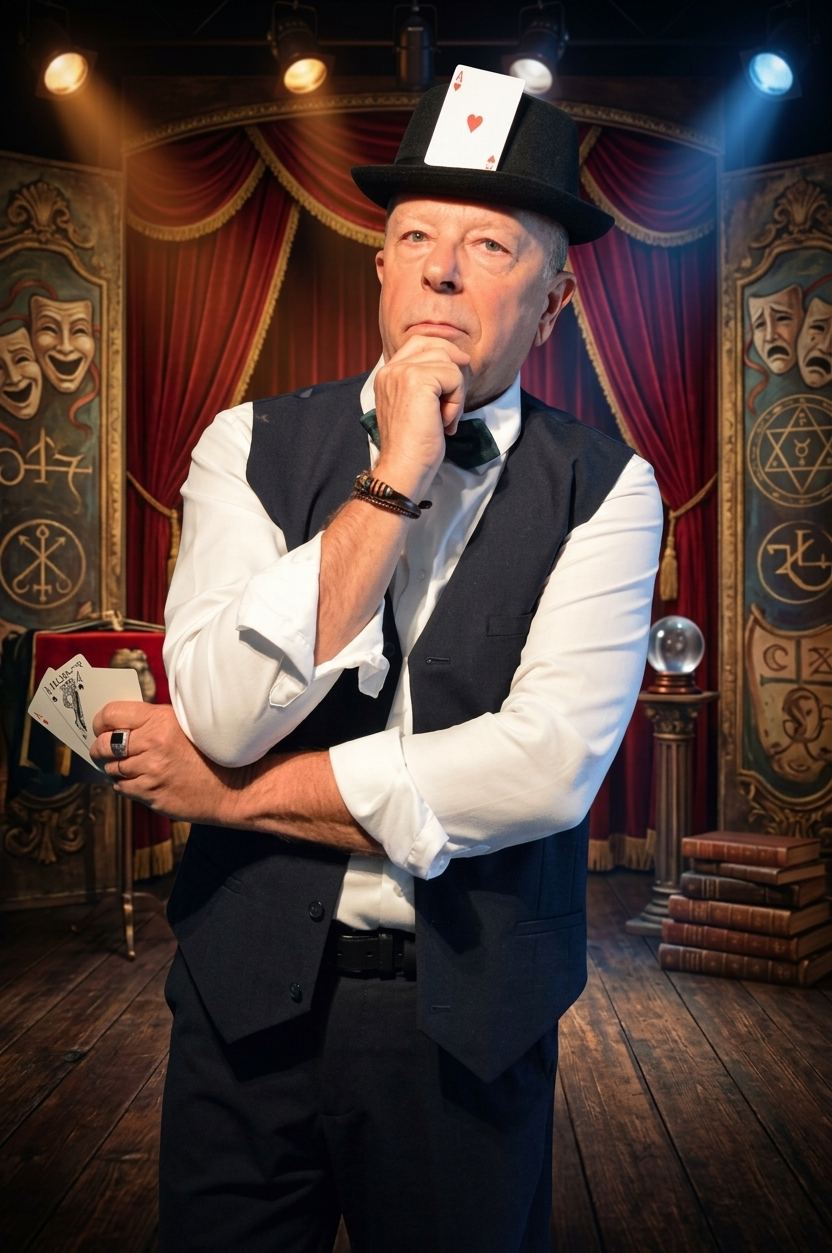 Philippe Archambault, pensif, un as de cœur glissé dans son chapeau, devant un rideau de scène rouge