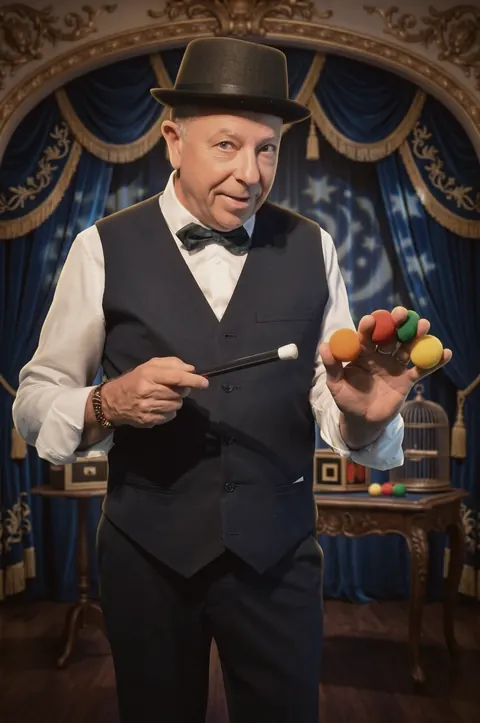 Philippe Archambault tenant une baguette magique et des balles en mousse colorées entre ses doigts