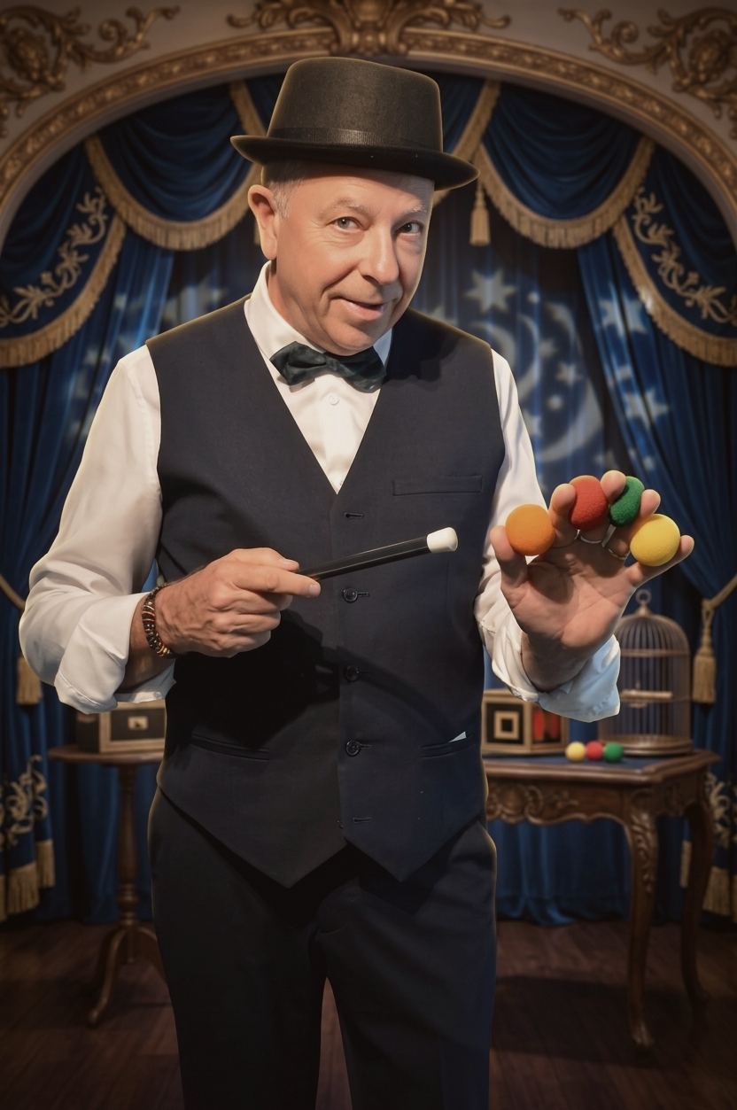 Philippe Archambault tenant une baguette magique et des balles en mousse colorées